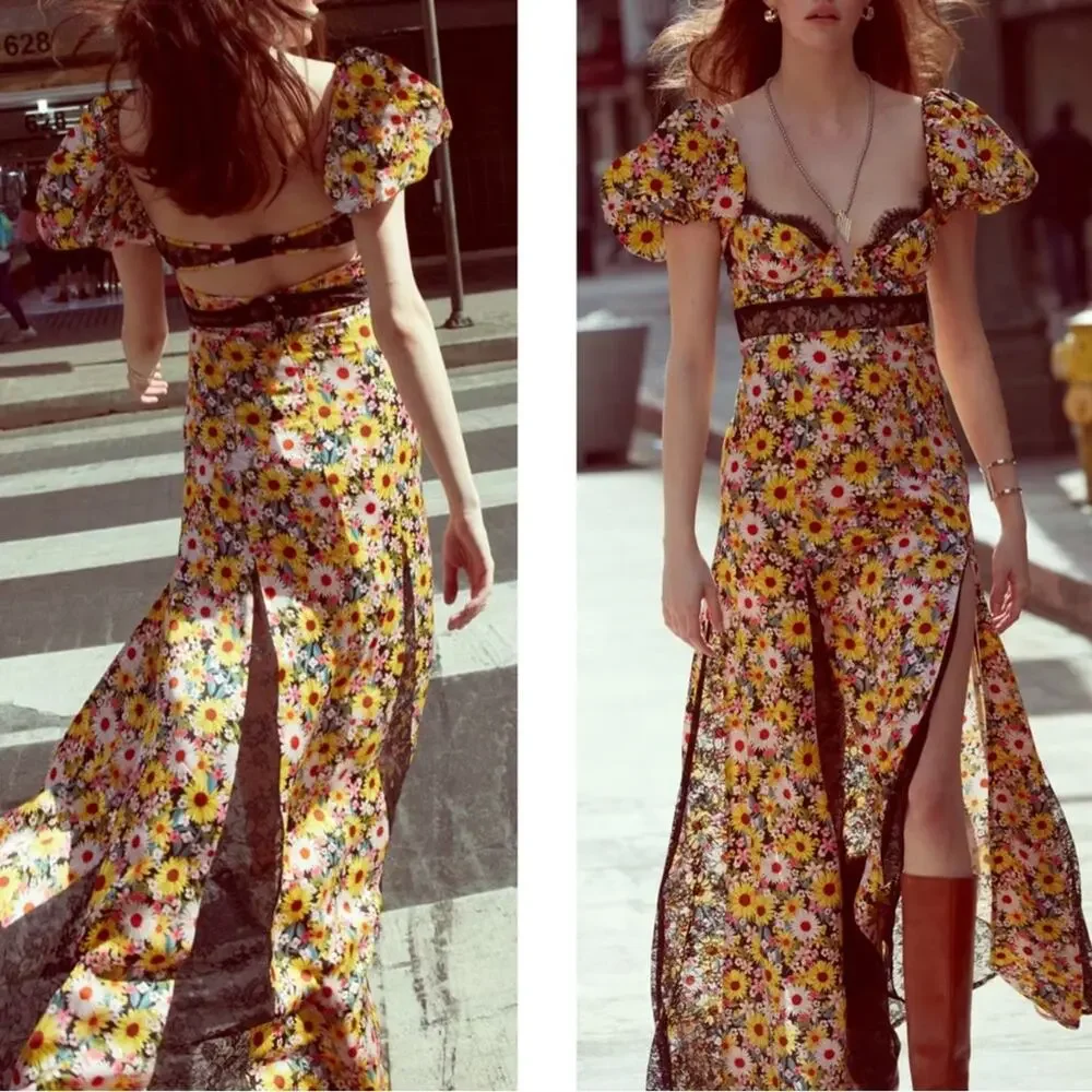 FOR LOVE & LEMONS Sylvia Floral Puff Sleeve Lace Bustier Maxi Dress Size XS - Picture 2 of 12